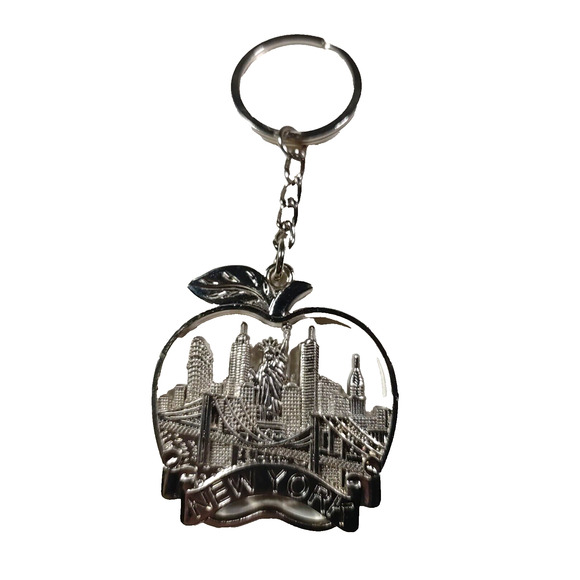 New York Big Apple Keychain Silver Tone Souvenir - Picture 2 of 5